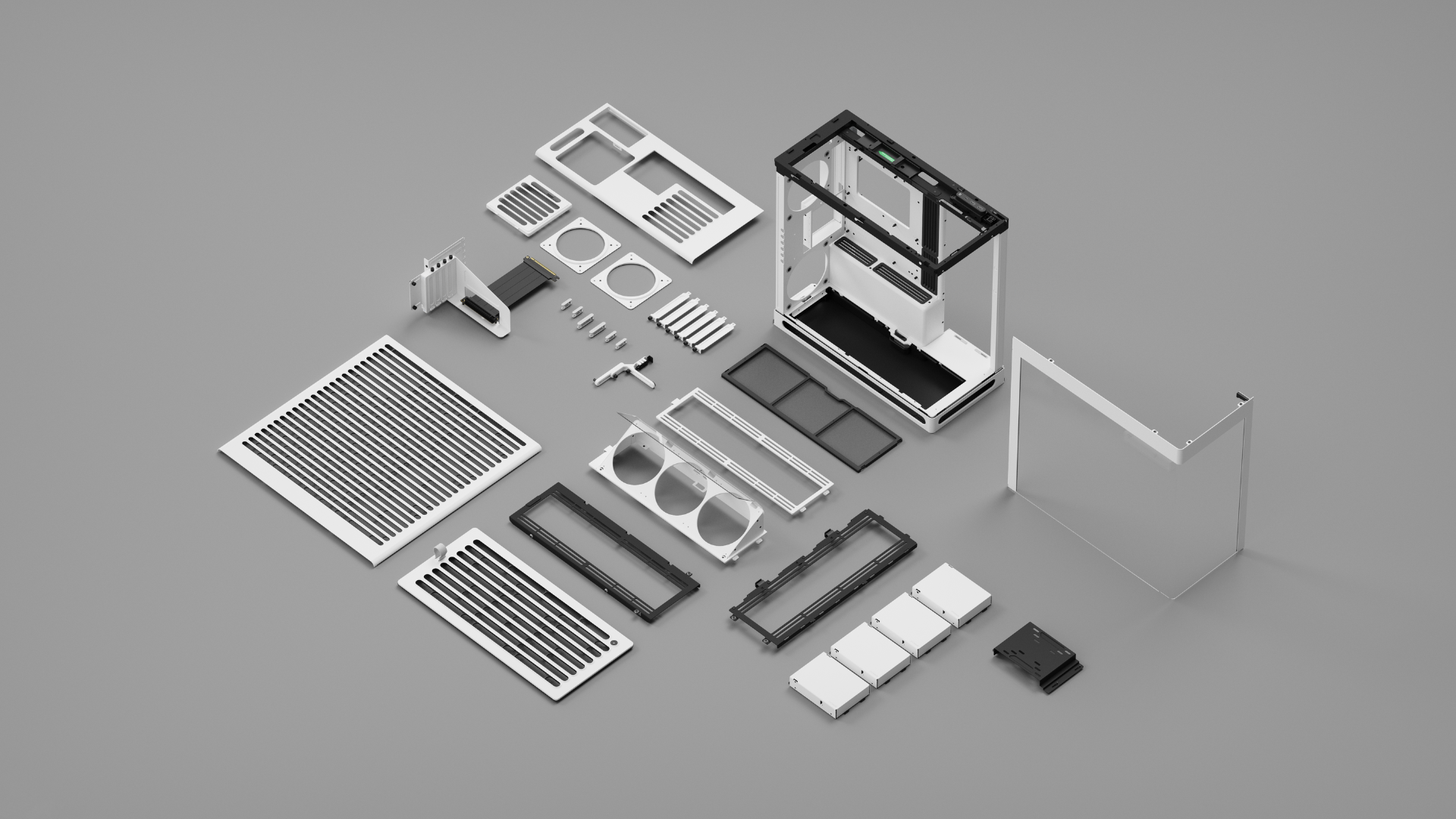 Set of gaming pc case components and parts on a gray background