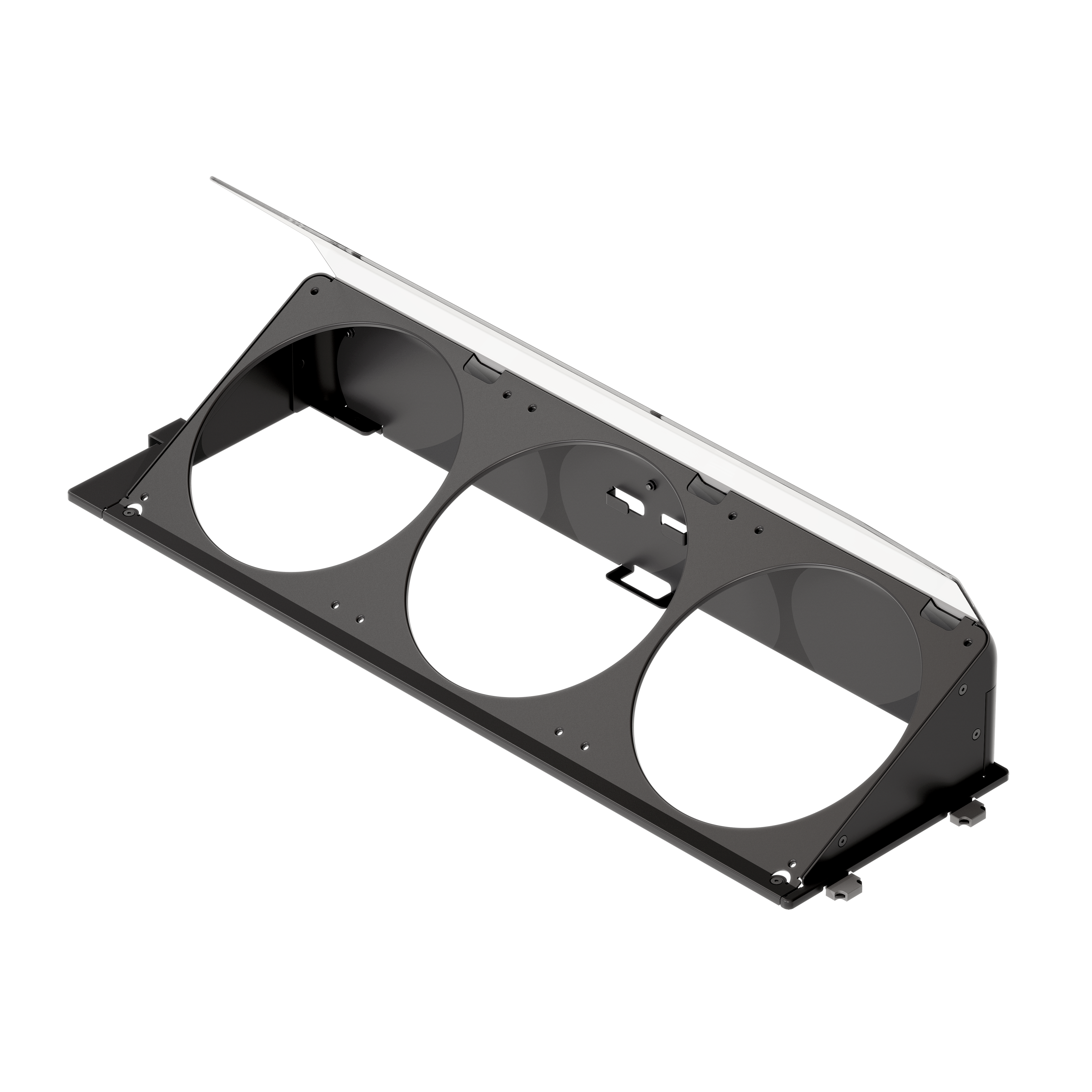 An angled bottom fan bracket for a computer case, featuring cut-outs for three 140mm fans, with a sleek black finish.