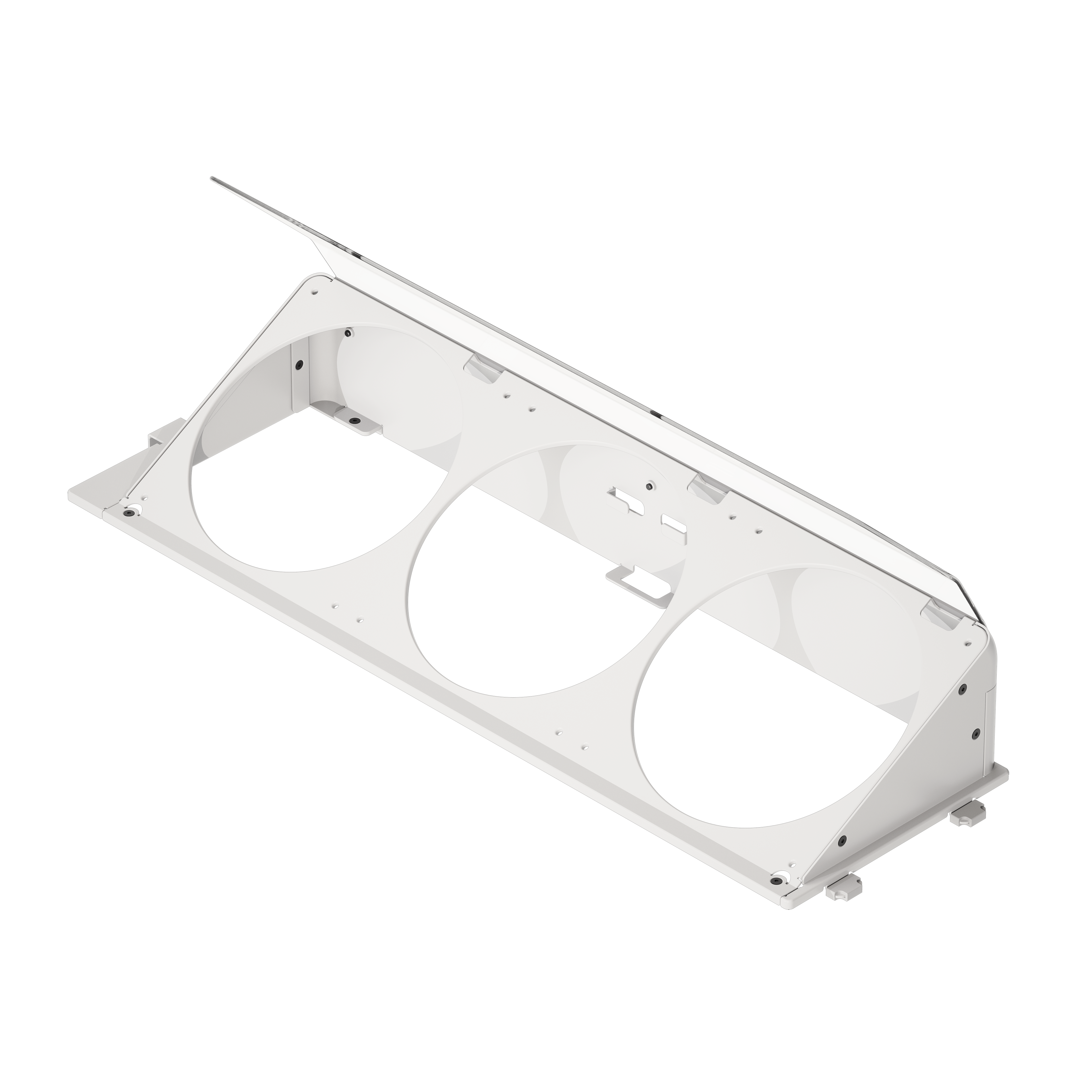 A white angled bottom fan bracket for a computer case, featuring cut-outs for three 140mm fans