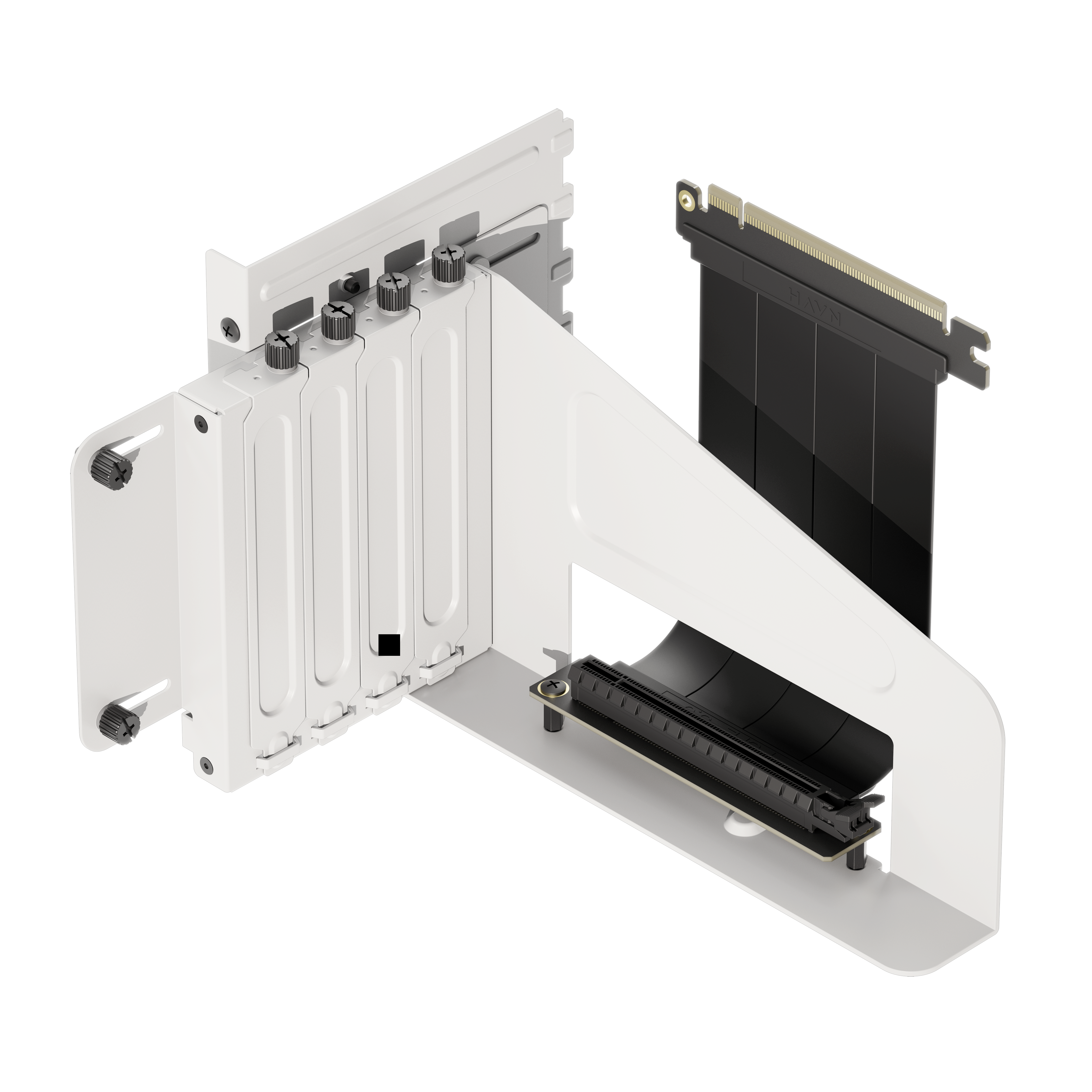 A white vertical GPU mounting bracket with a PCIe riser cable, designed to be attached to a computer case.