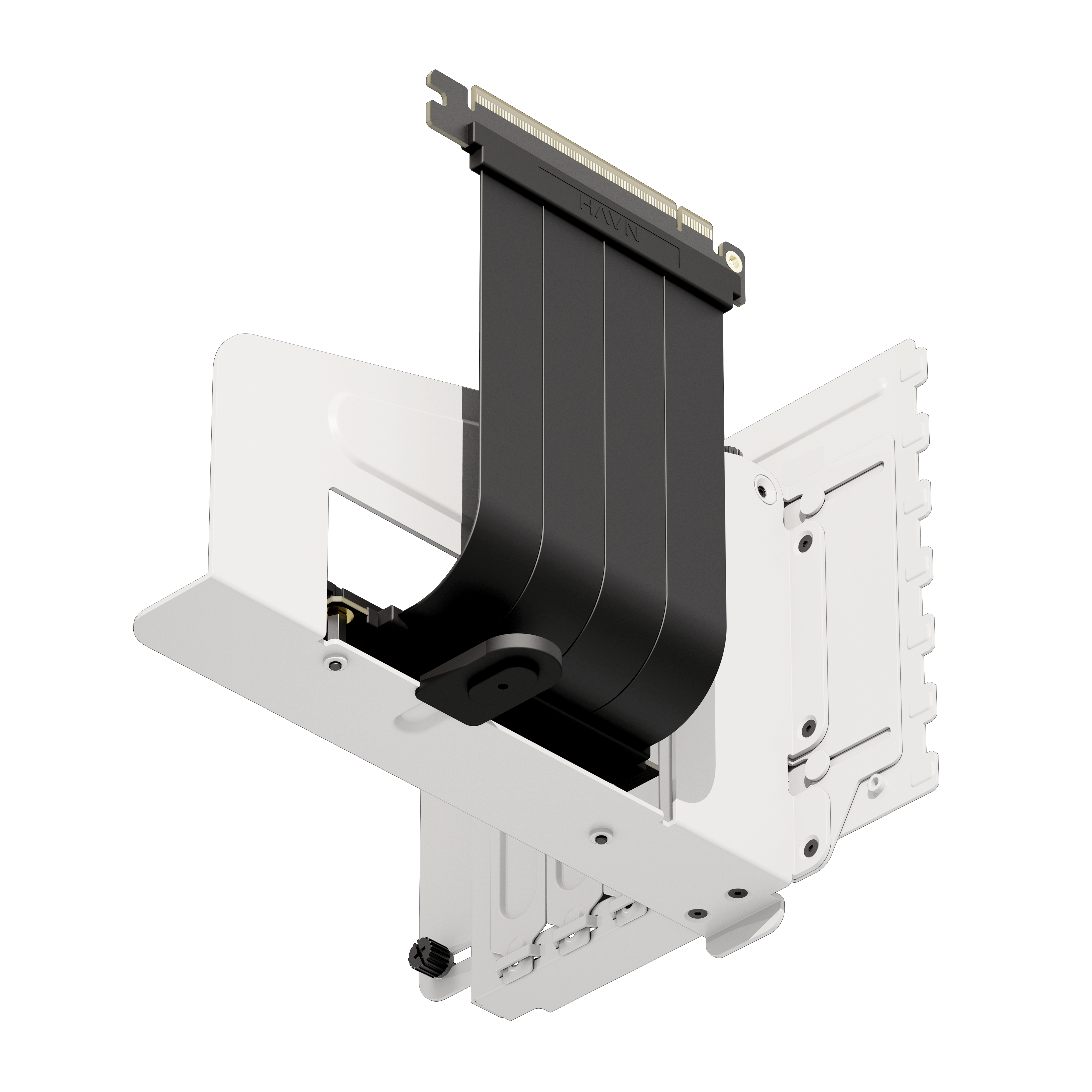 A white vertical GPU mounting bracket with a black PCIe riser cable, designed to be attached to a computer case.
