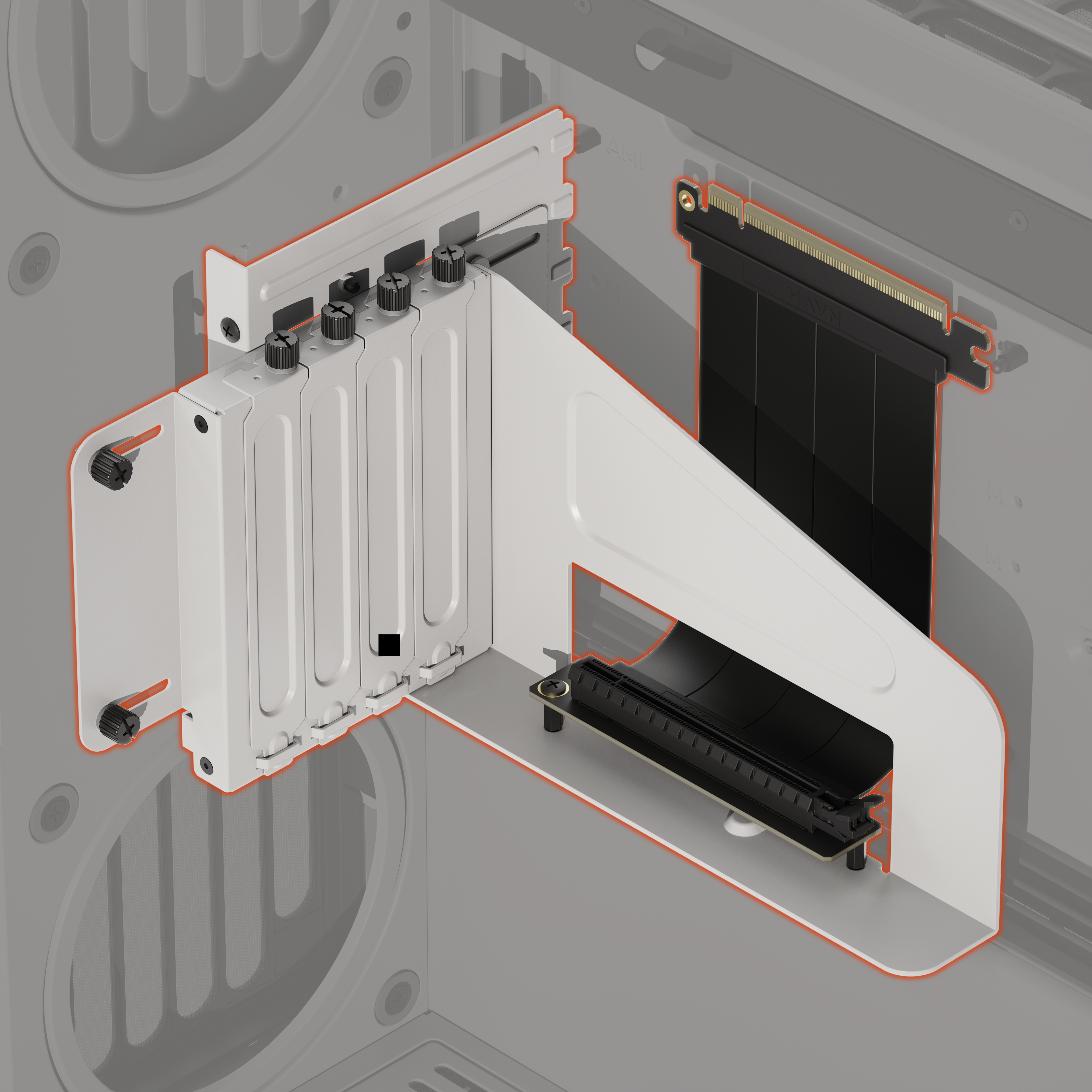 A white vertical GPU mounting bracket with a PCIe riser cable, inside of PC case on light background