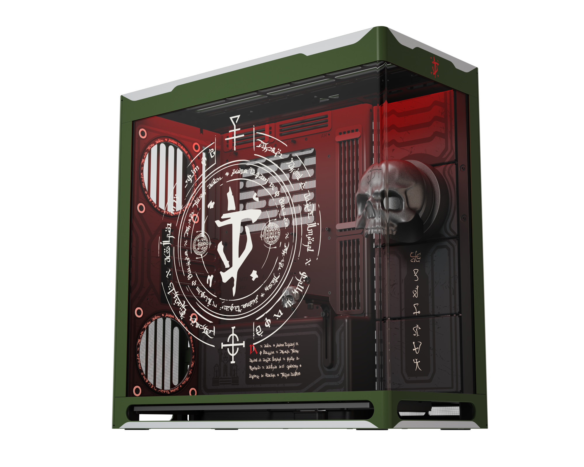 Custom PC case with a transparent side panel displaying occult symbols, intricate runes, and a 3D skull detail on a black and red background.