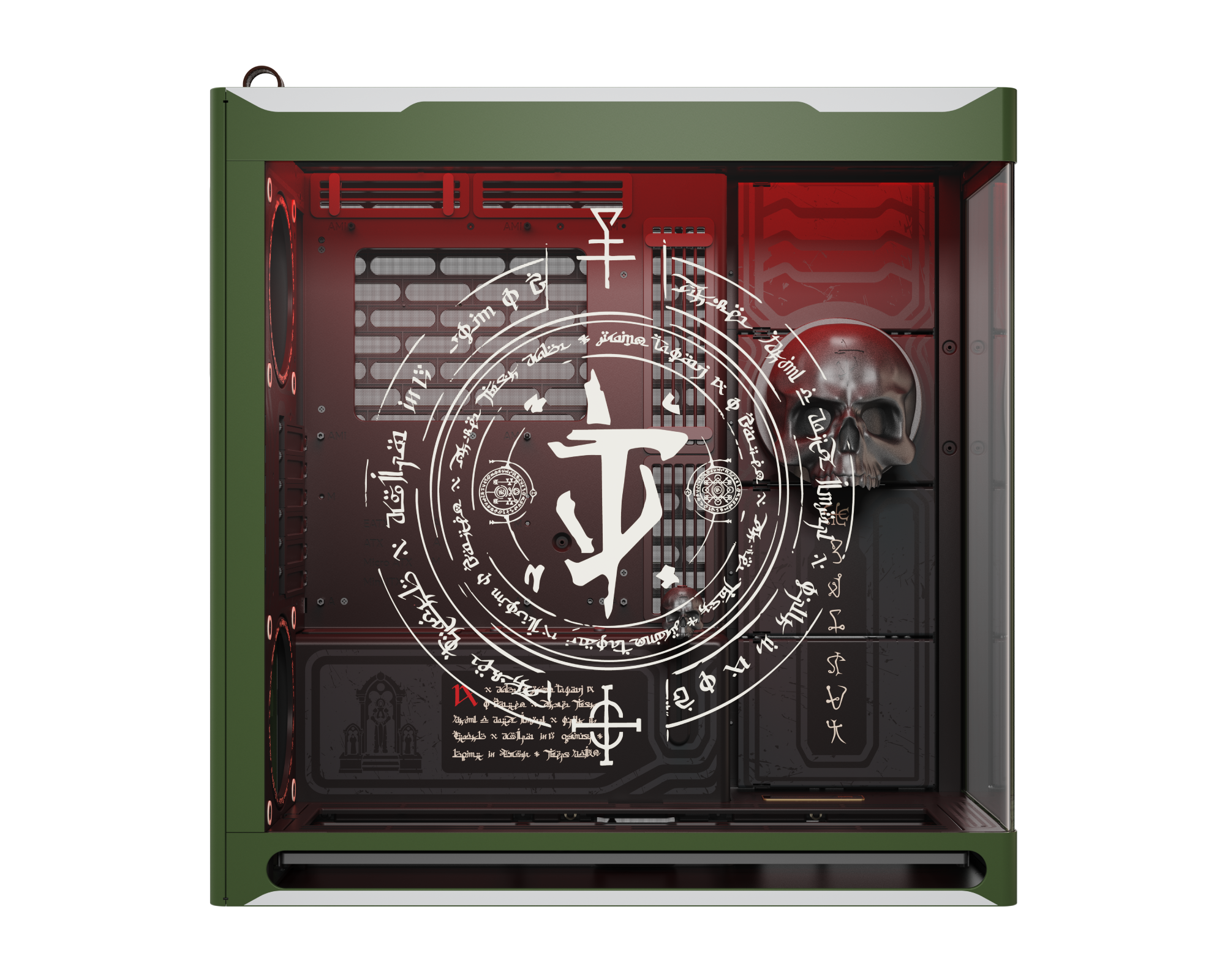 Custom PC case with transparent side panel featuring white occult runes, central emblem, and 3D skull on a red and black background.