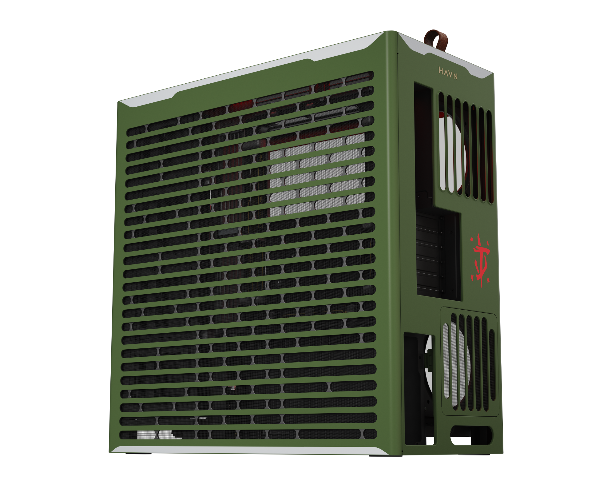 Sideview of Custom PC case with ventilation grilles, a red logo on front, and a round brown knob on the top side.