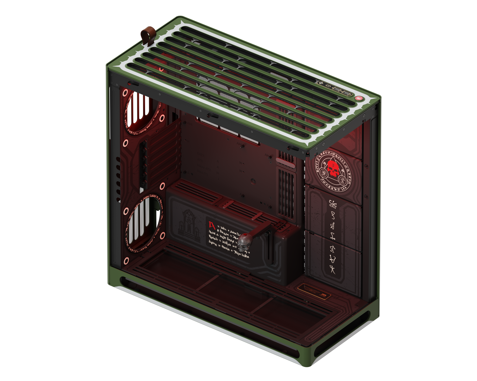 Interior of custom PC case without mounted skull, red-black chassis, and symbolic rune detailing on PSU shroud and side panel.