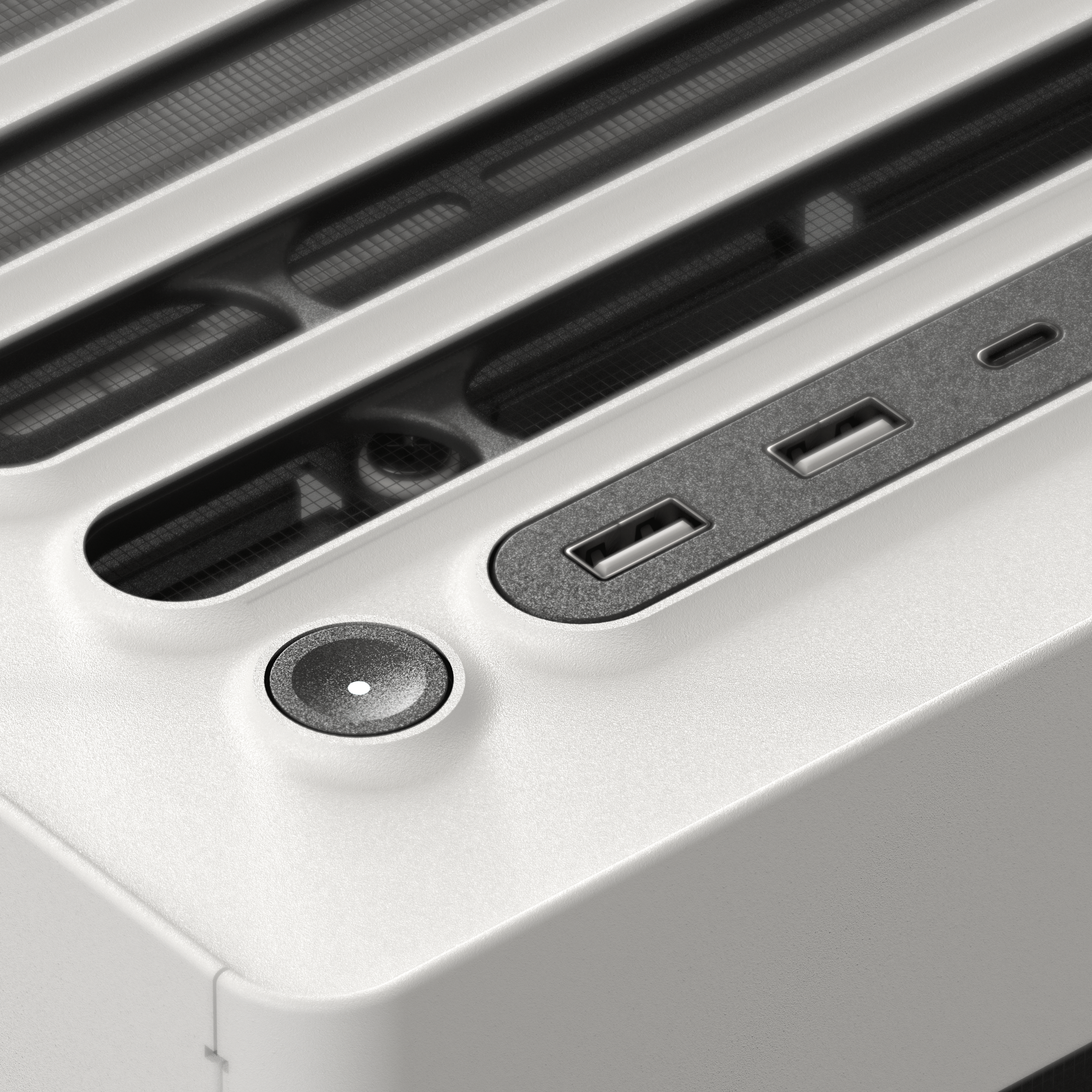 Close-up of PC case I/O ports including USB and power button