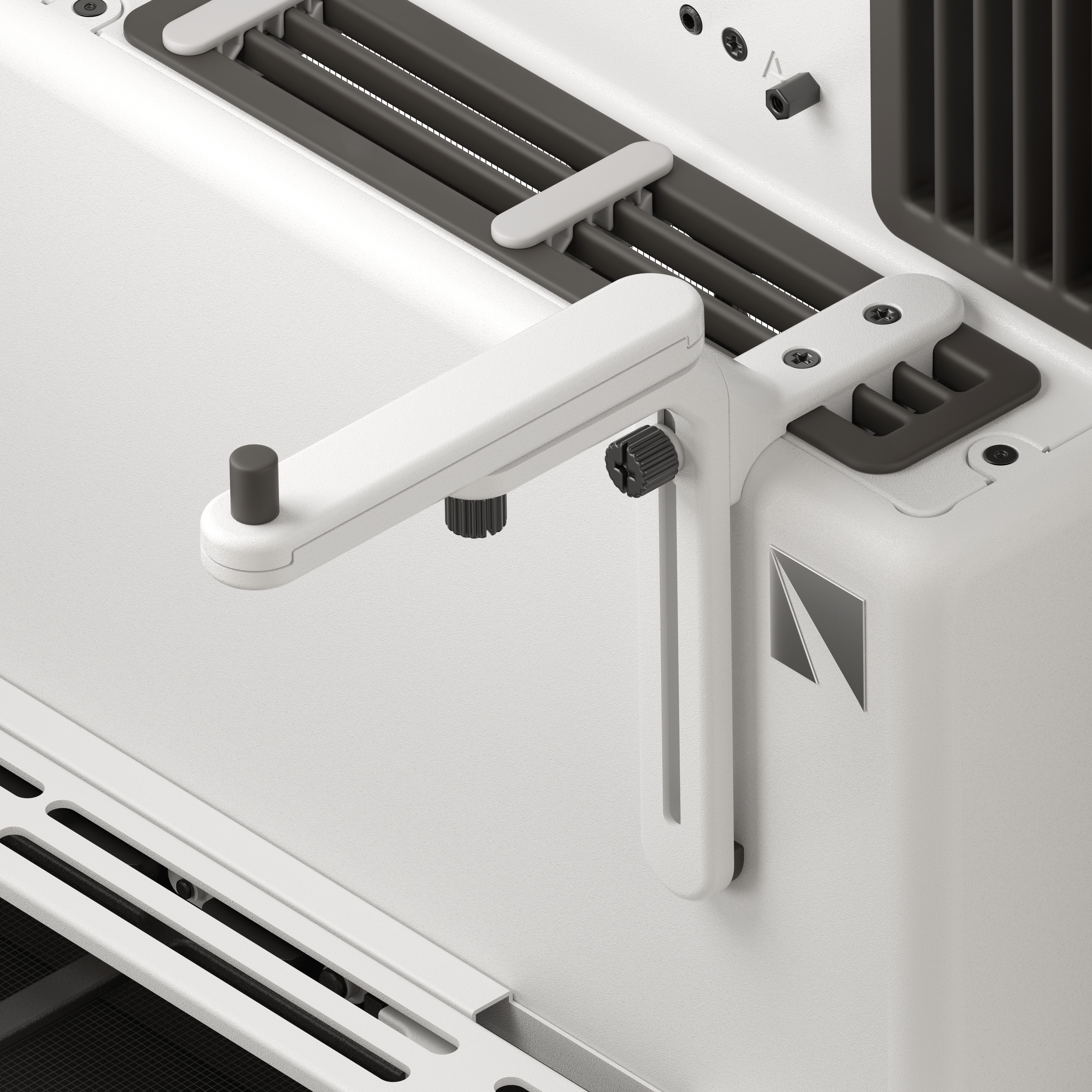 Close-up of GPU support bracket in a white PC case with tool-free adjustment, sleek design, and subtle branding.