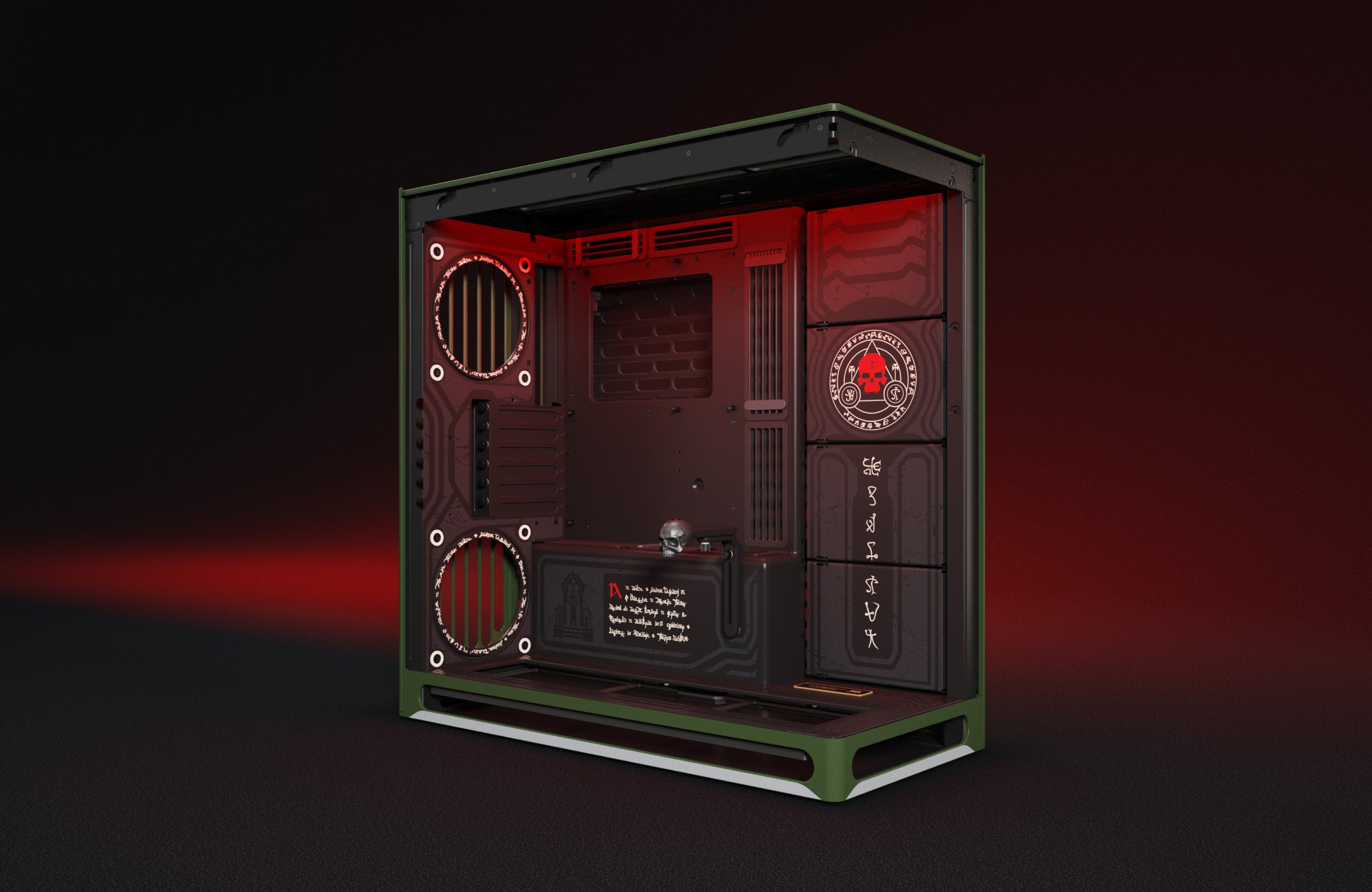 Computer case with red interior lighting on a dark background