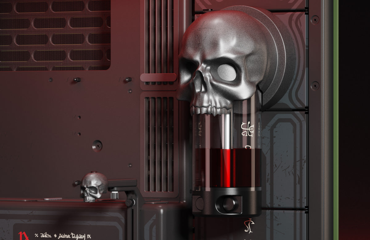 Skull-shaped cooling reservoir with red liquid inside of PC case on a dark background