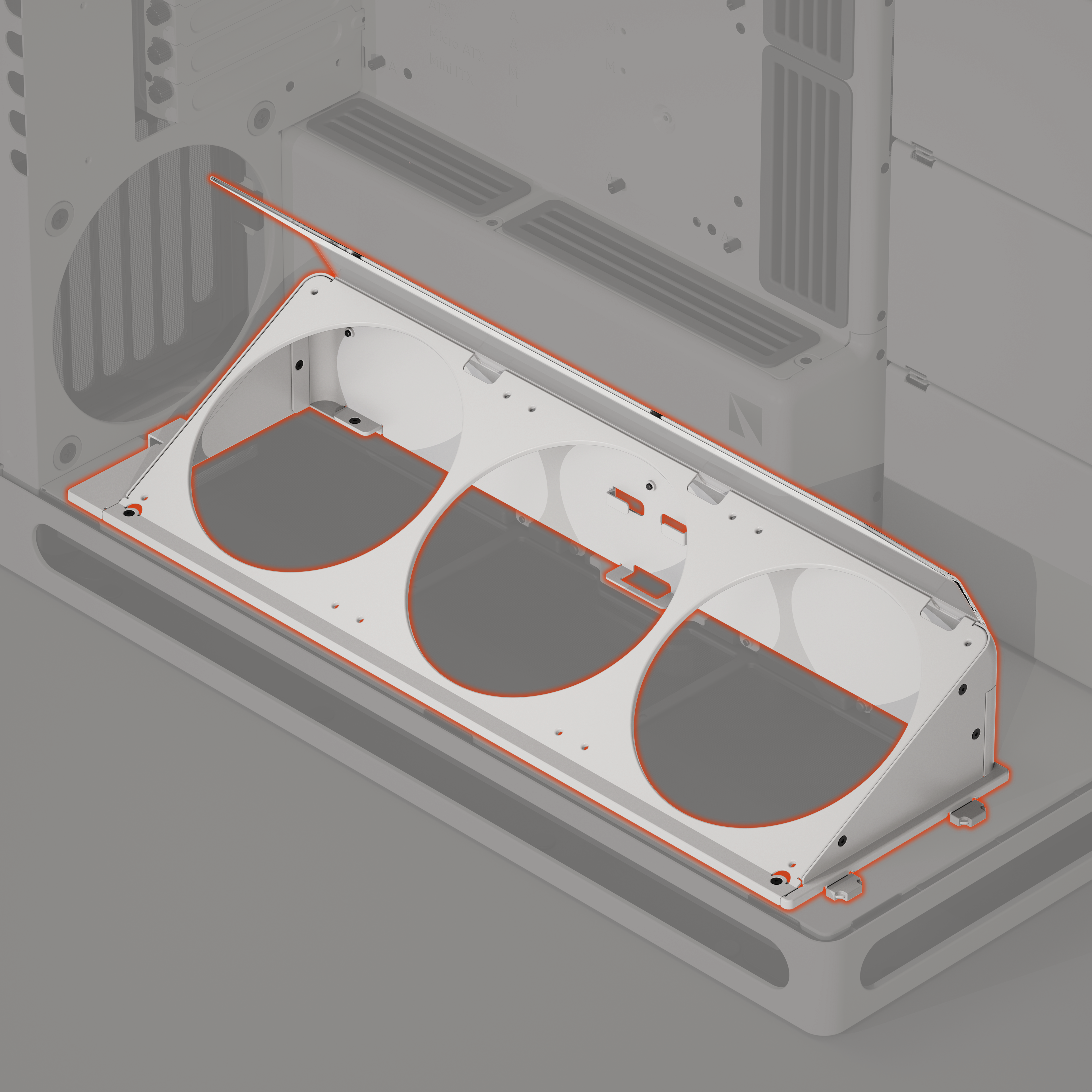 Close-up of white angled bottom fan bracket in pc case on light background