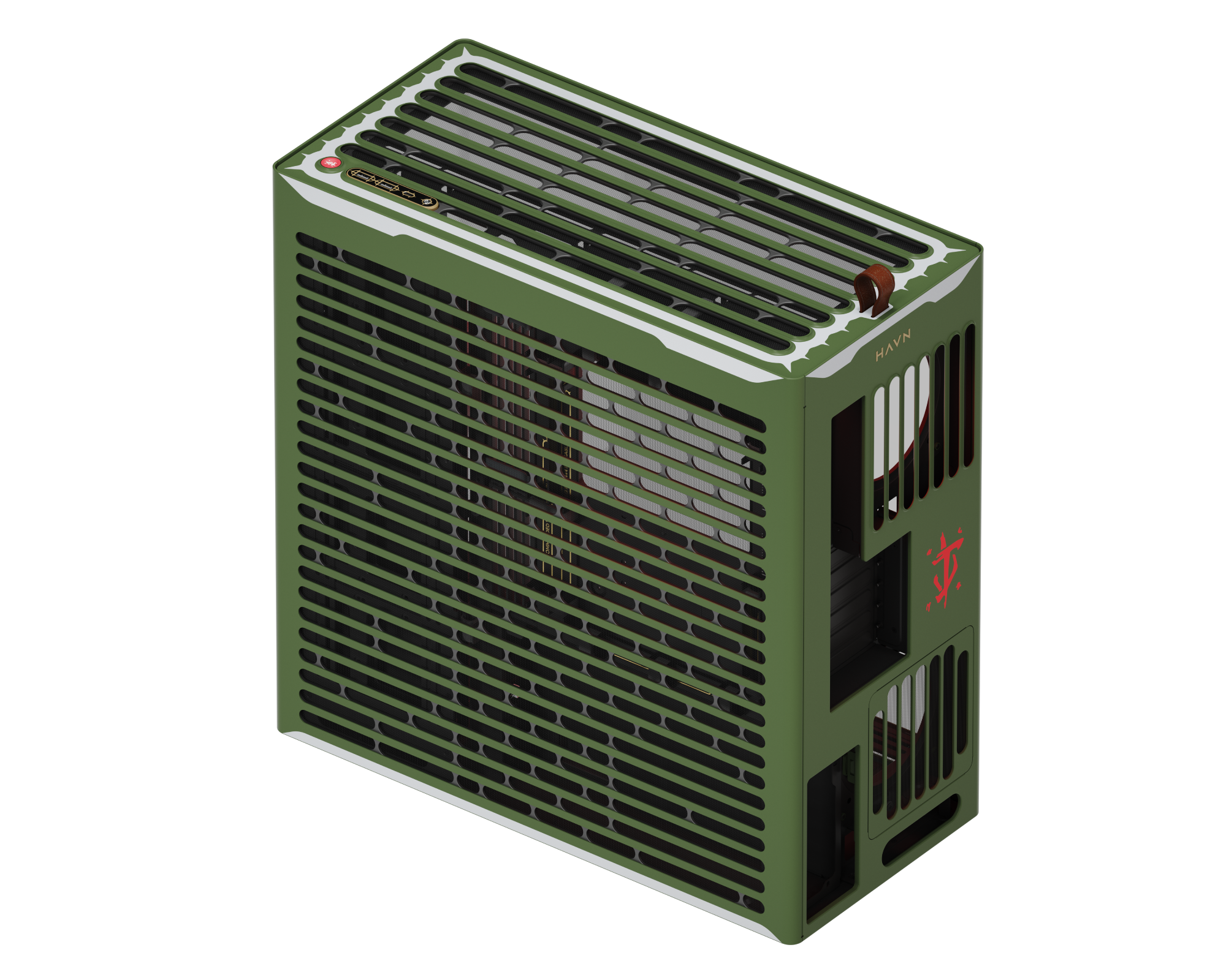 Rear view of green custom PC case with ventilation grill, red logo, and HAVN branding.