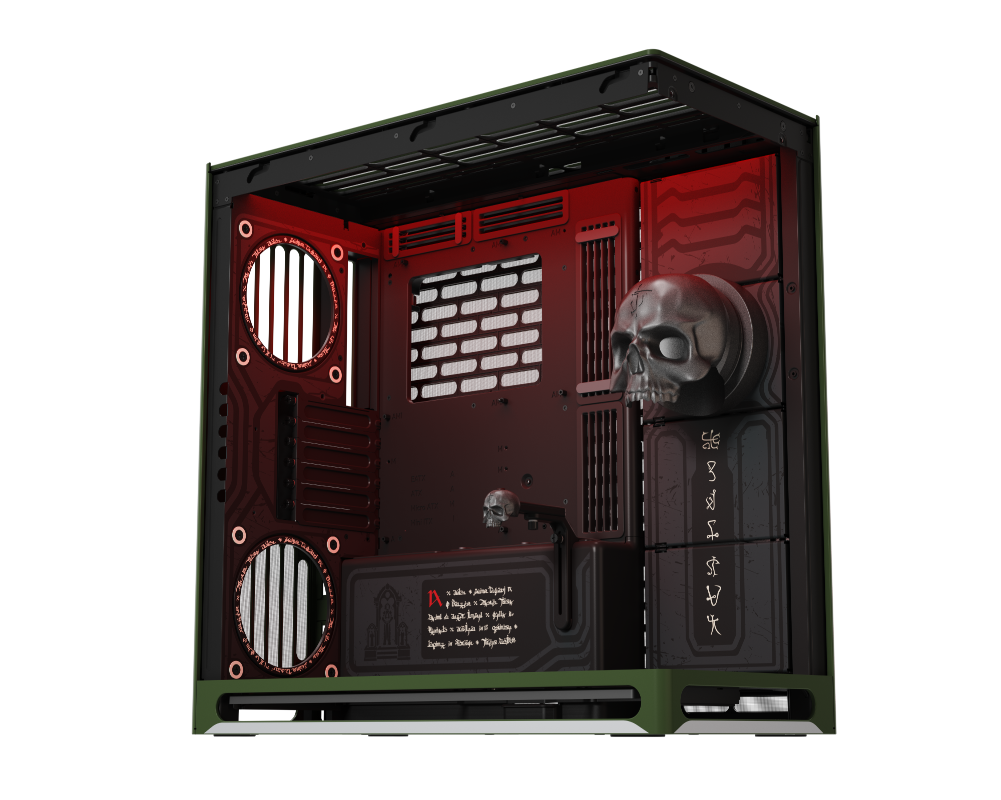 Custom PC case with open side panel displaying occult symbols, intricate runes, and a 3D skull detail on a black and red background.
