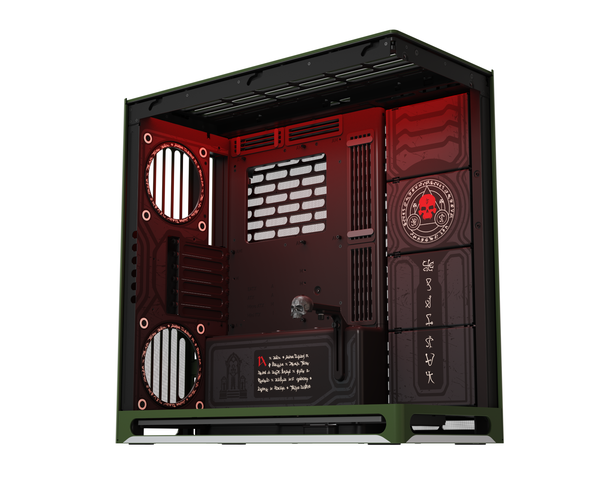 Custom PC case with open side panel displaying occult symbols, intricate runes, without skull detail on a black and red background.