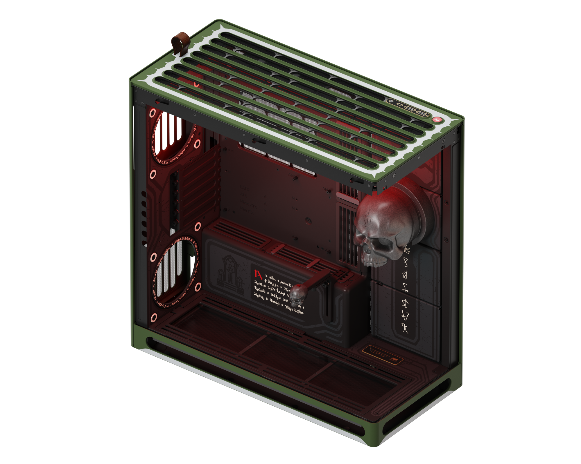 Interior view of custom PC case with red lighting, mounted skull, gothic artwork, and occult runes on side panel.