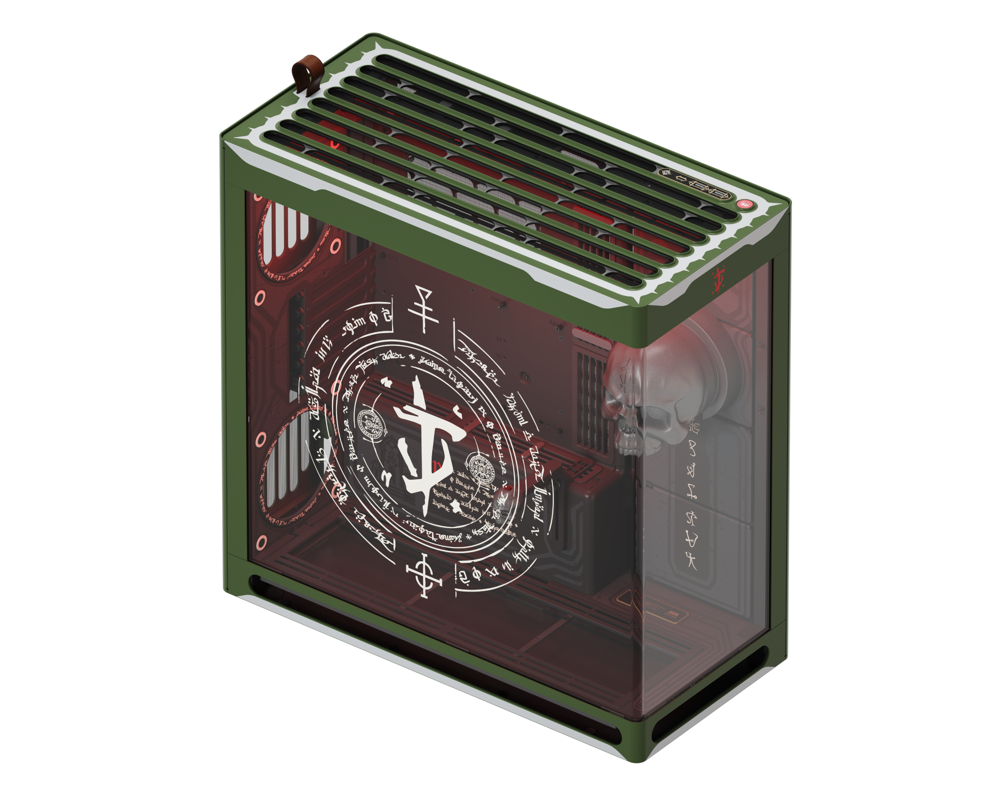 Top view of custom PC case with branded side panel, cult symbols, and skull design on black and red.
