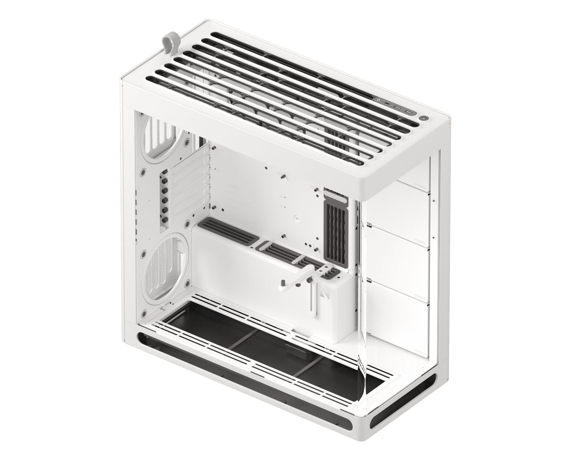 Rear angle of empty white PC case with expansion slots visible