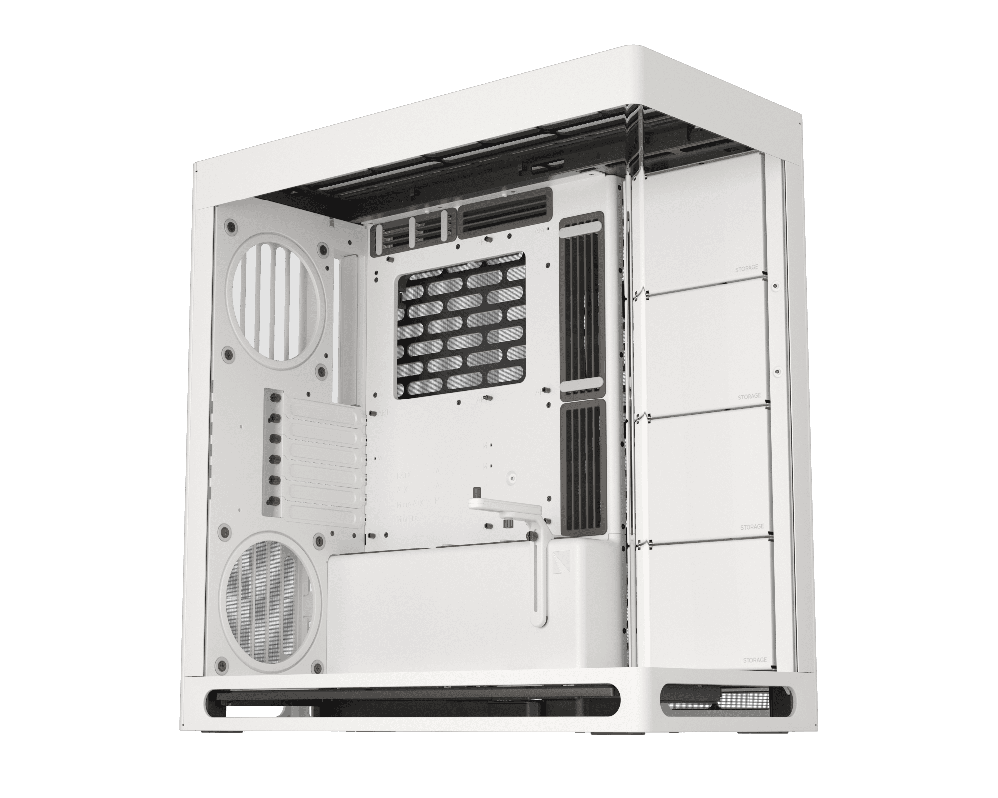 Angled view of white PC case with components installed