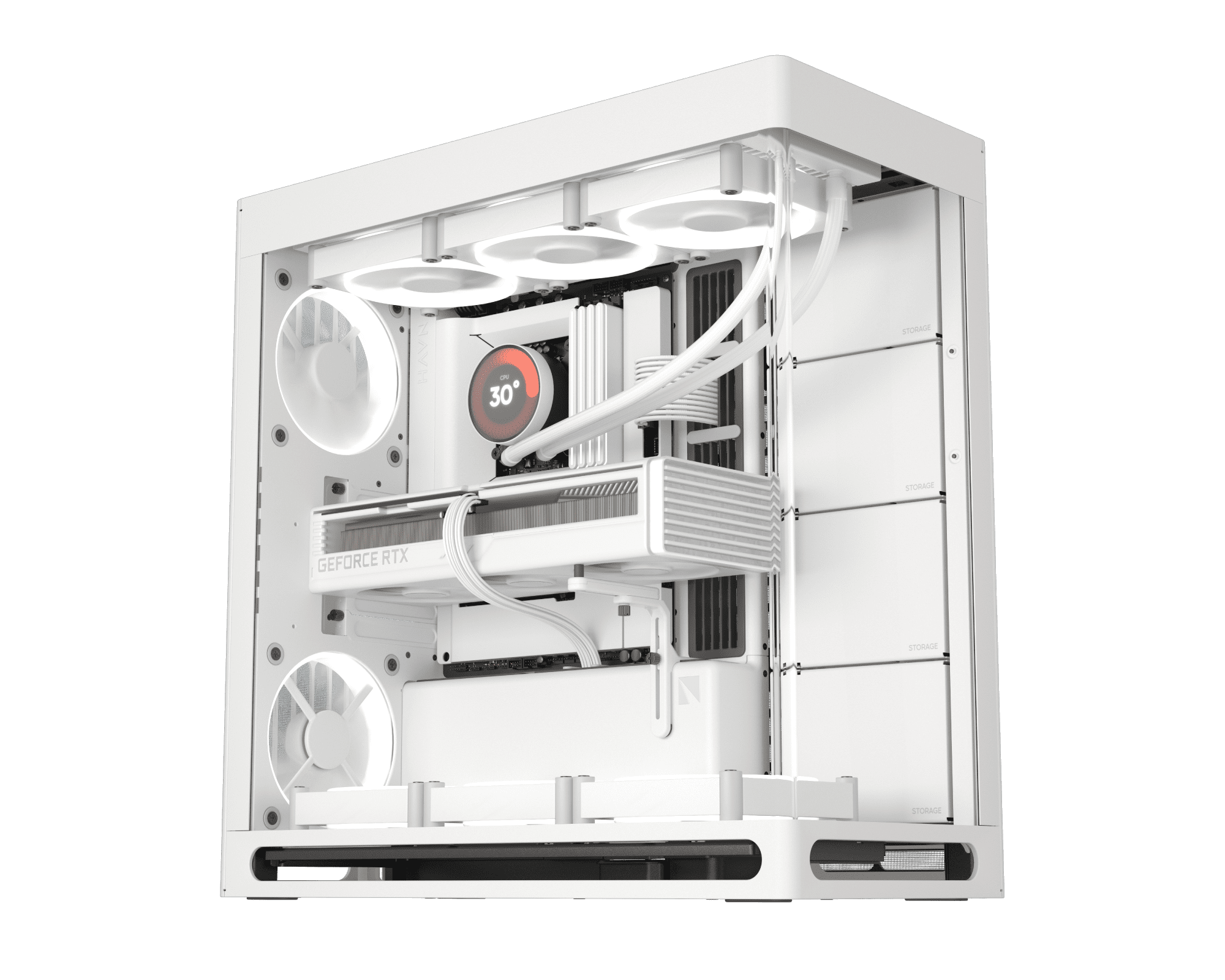 White PC case with multiple fans and a transparent side panel, showing internal components.