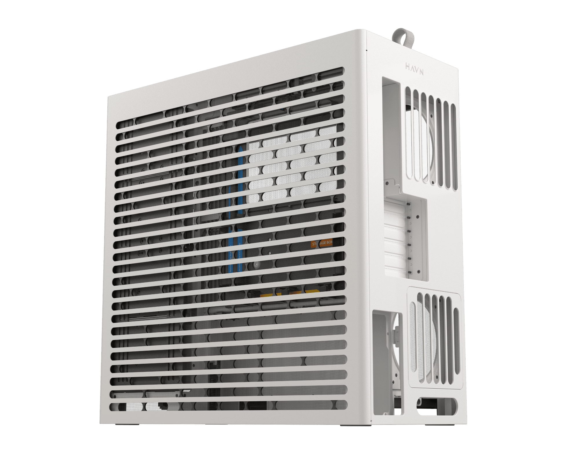 Side view of closed white PC case with ventilation grilles