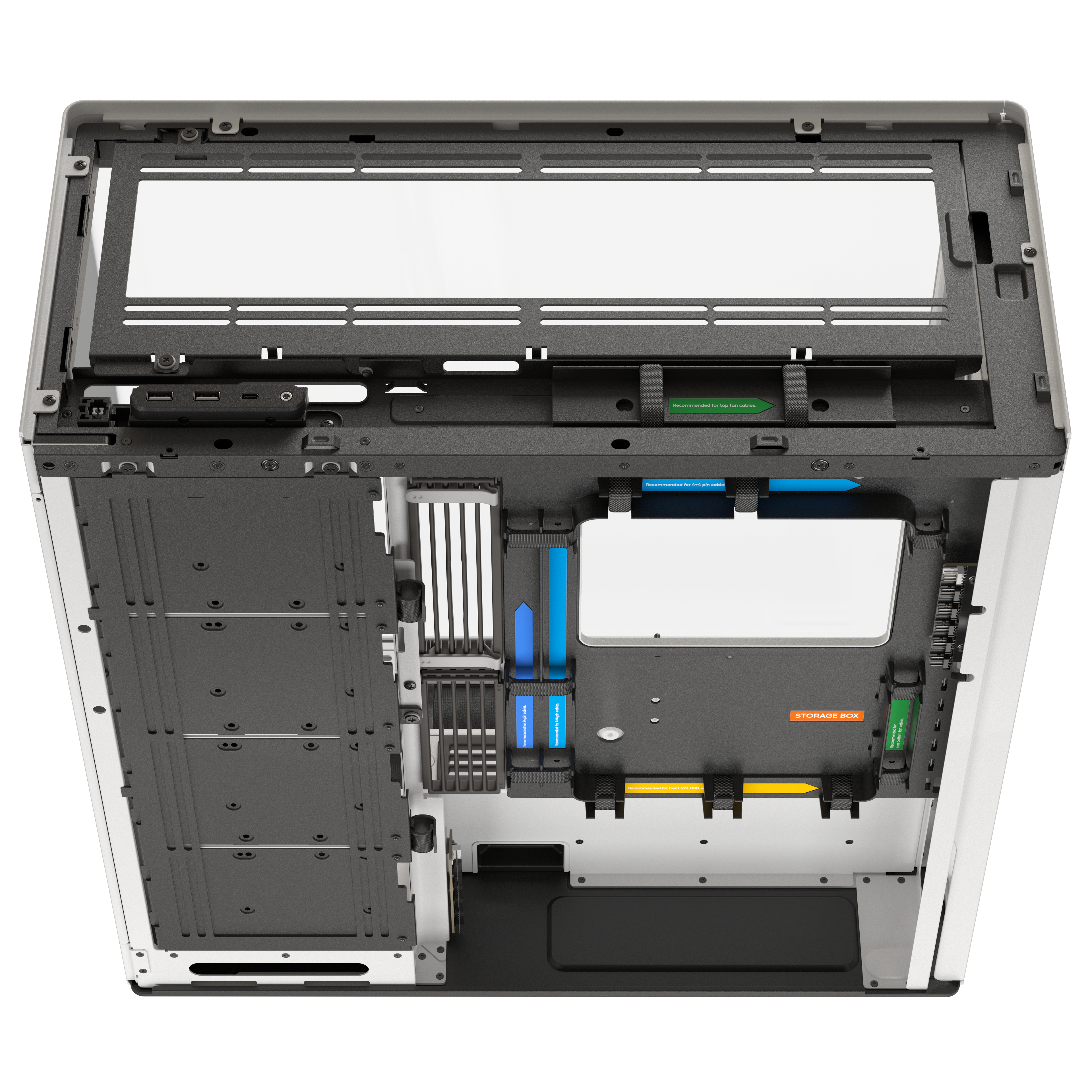 Top-down internal view of a white PC case chassis highlighting modular compartments, cable channels, and labeled tool-free storage zones with color-coded markers.