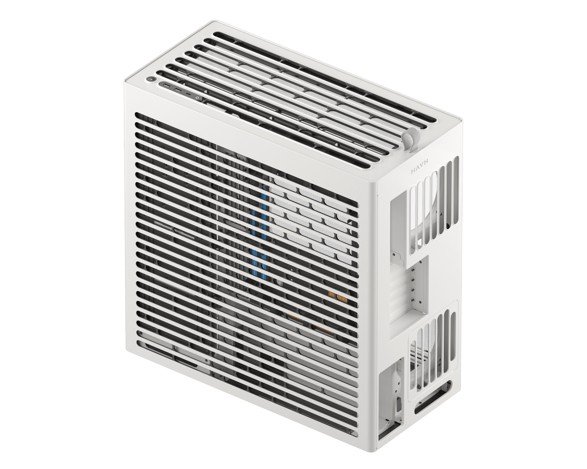 Close-up of case I/O ports including USB and power button