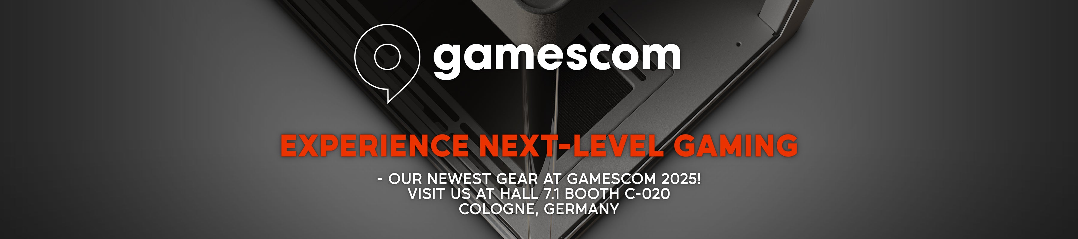 Gamescom advertisement with a black gaming PC and text on a dark background