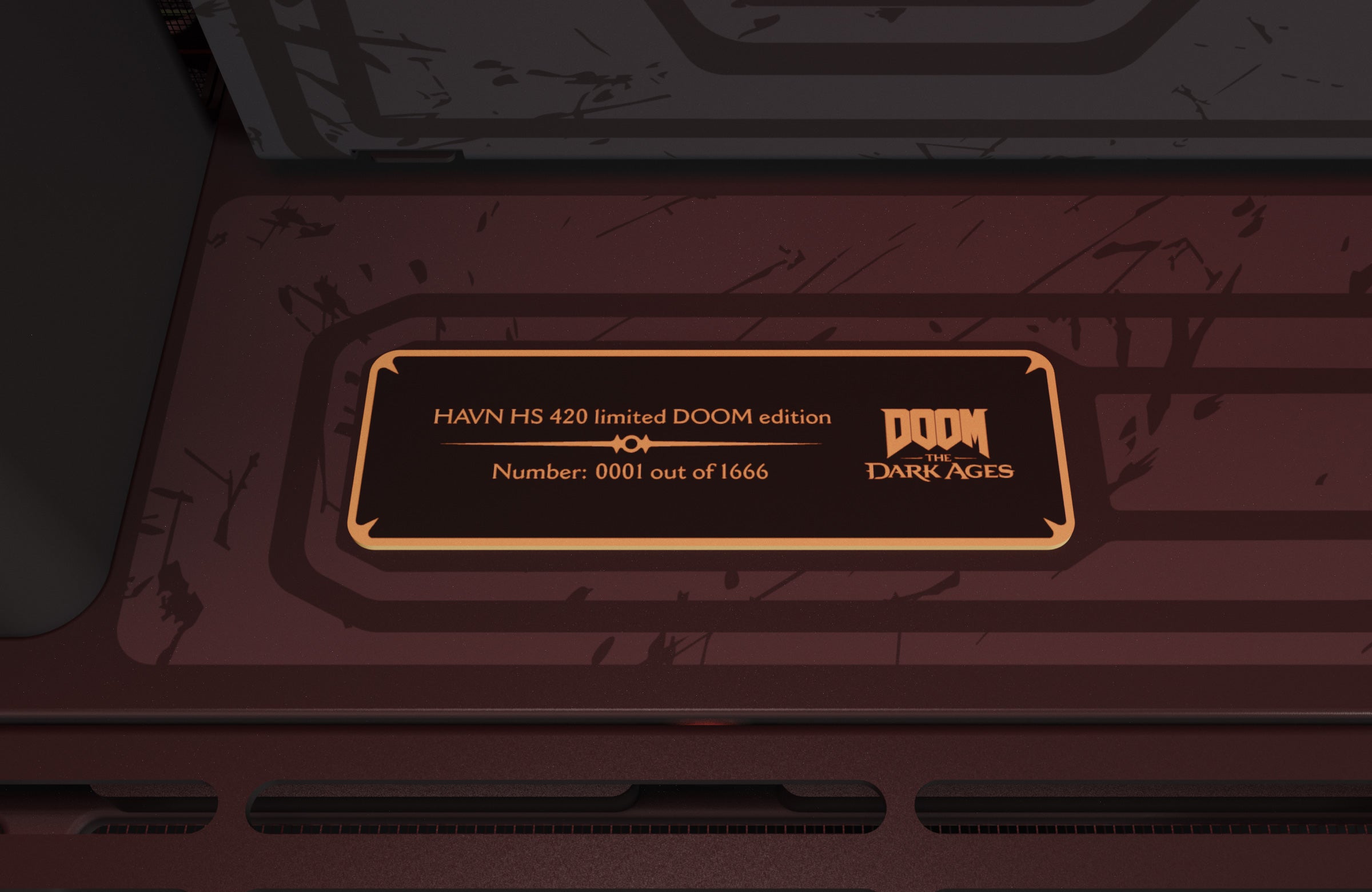 Close-up of a limited edition Doom gaming PC case with a label on a dark background